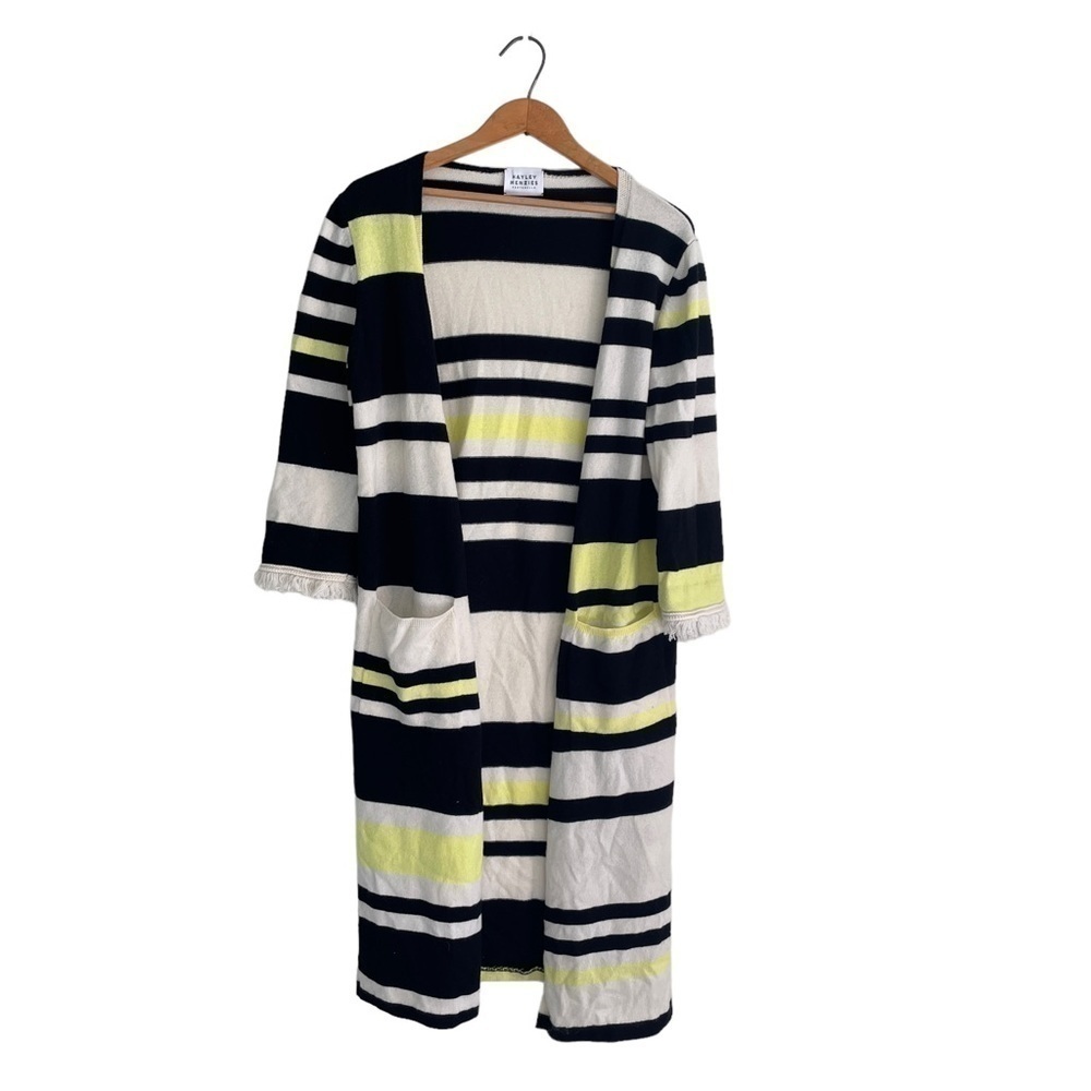 Hayley Menzies Cardigan Striped Fringe Open Front 100% Cashmere Striped Sz S